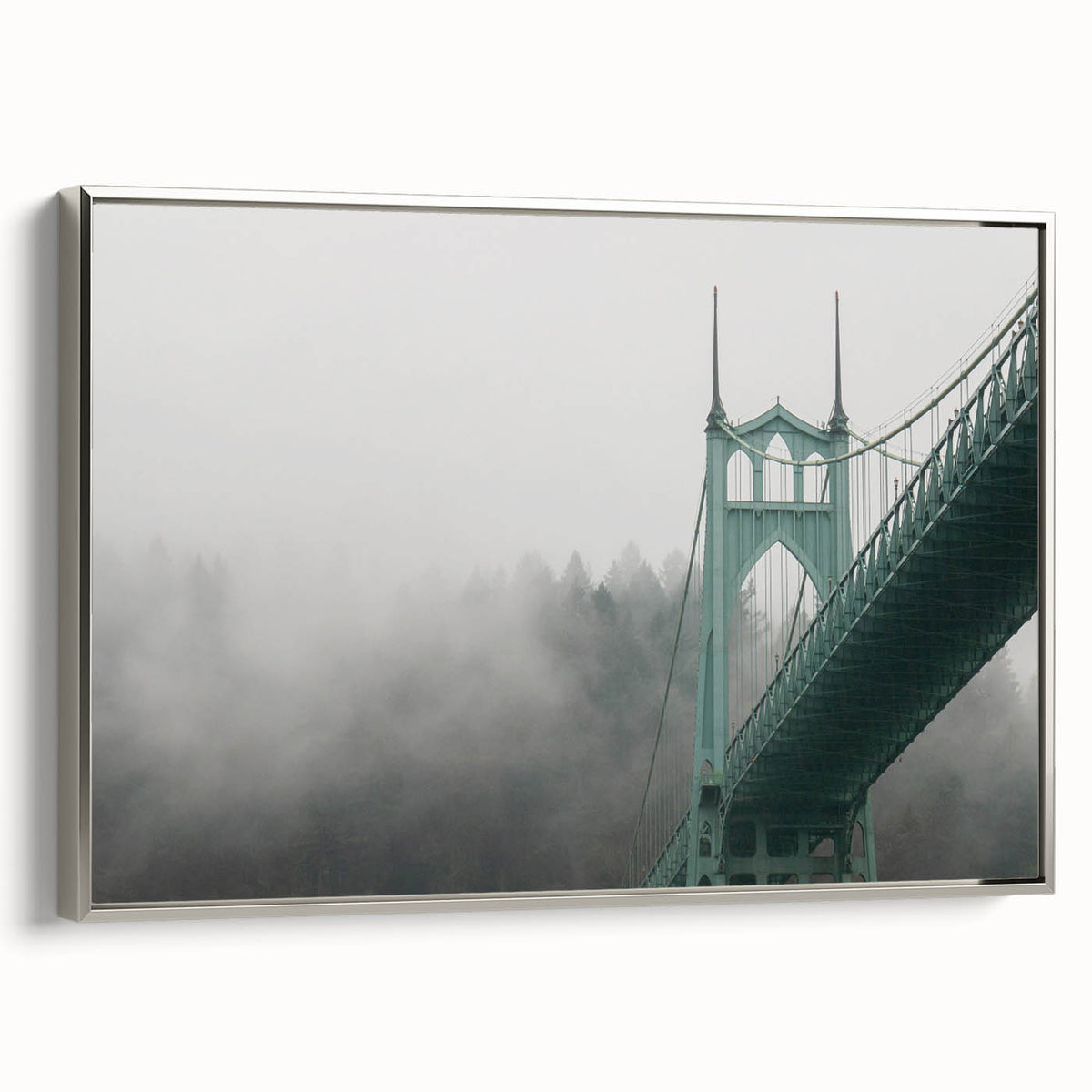 Framed canvas of a Portland, Oregon landscape in muted earth tones, ideal for living room decor.