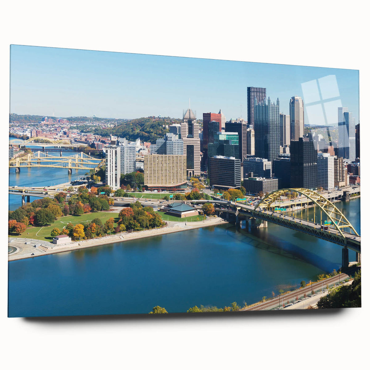 Acrylic print of a large abstract depiction of Pittsburgh skyline in muted blue and gray tones.