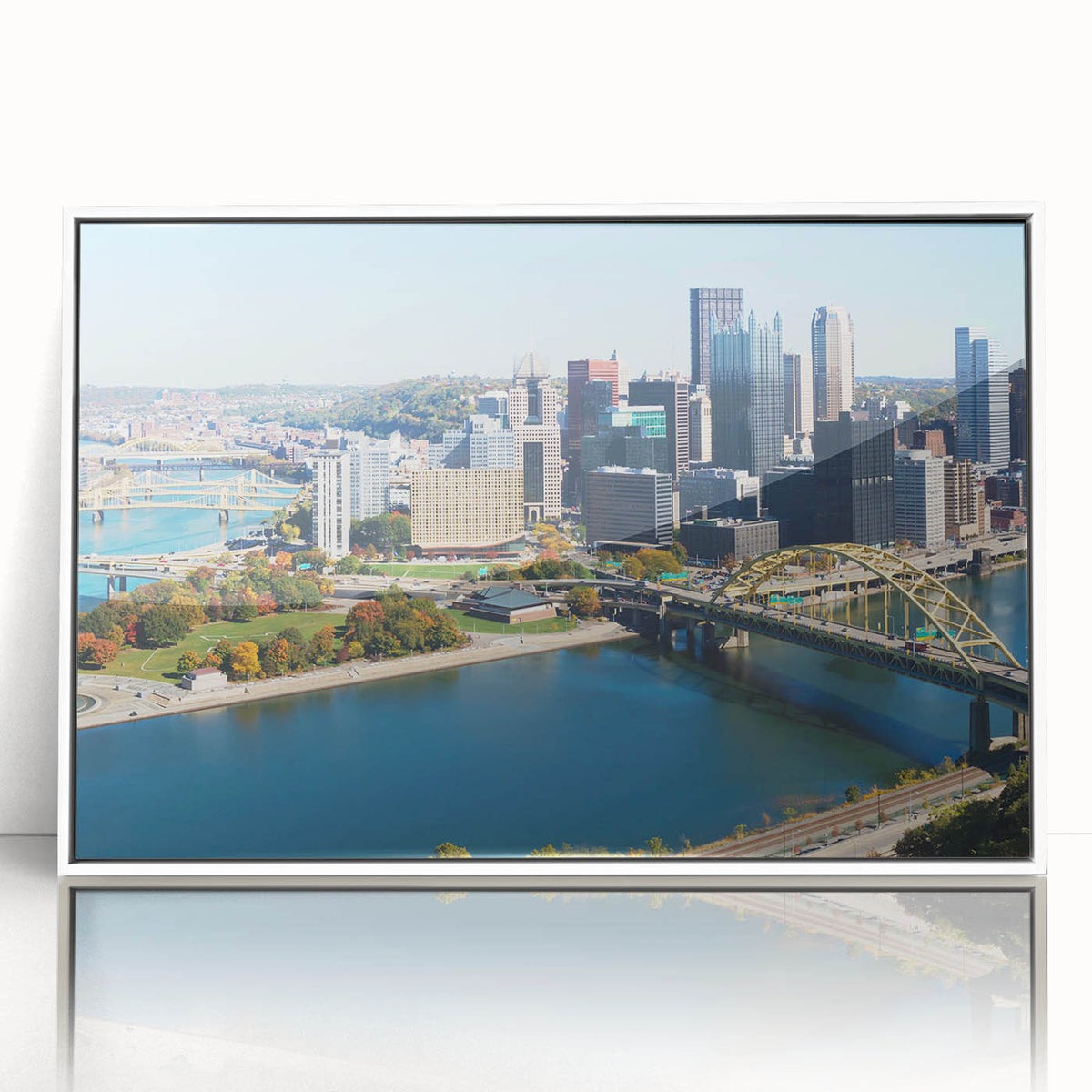 Acrylic print of Pittsburgh skyline in art deco style, featuring muted gray and blue tones, ideal for modern art wall decor.