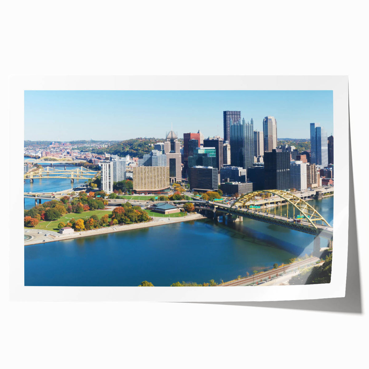 Extra large rolled print of Pittsburgh skyline in muted gray and blue tones, ideal for art wall dining room.