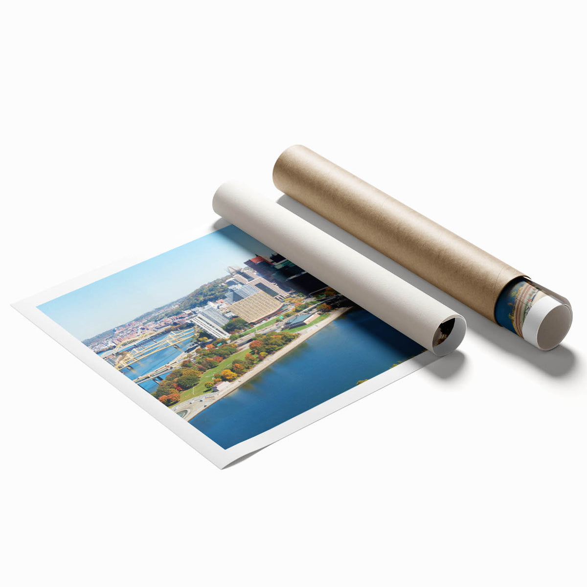 Rolled print of Pittsburgh skyline with muted blue and gray tones, ideal for classy bathroom wall art.