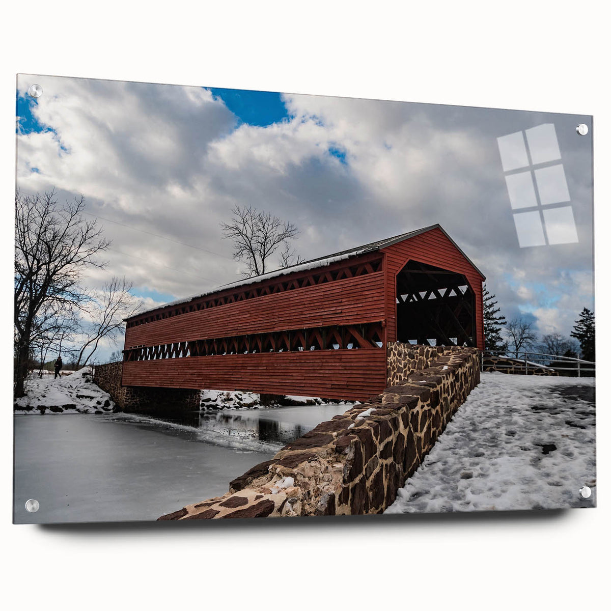 Acrylic print of a large abstract depiction of Pennsylvania scenery, in muted earth tones.