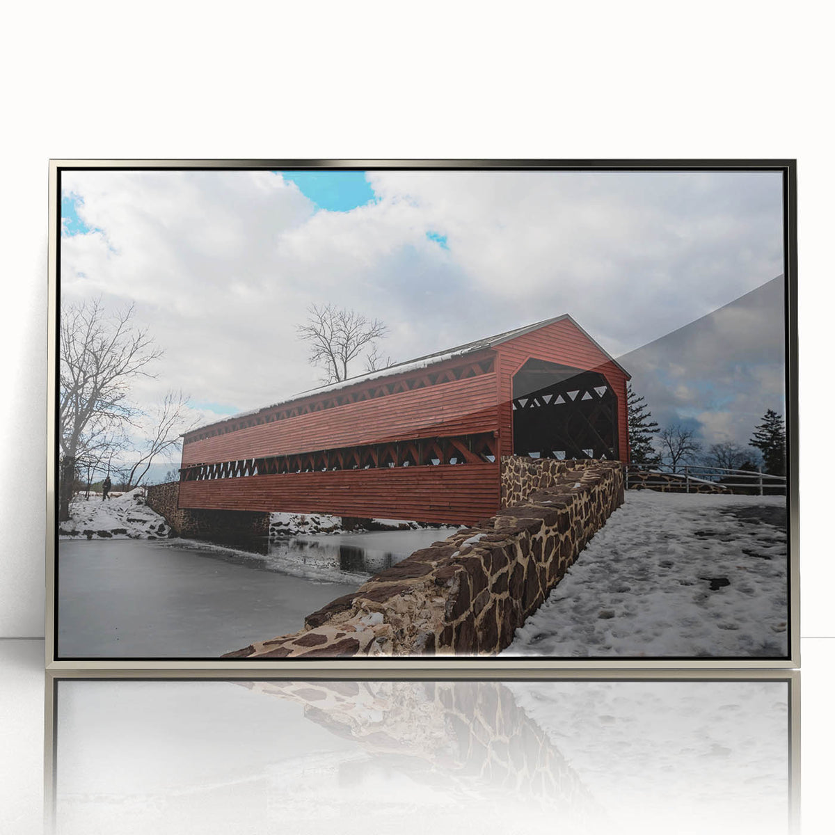 Mid-century modernist art depicting Pennsylvania scenery in muted earth tones on a framed acrylic print.