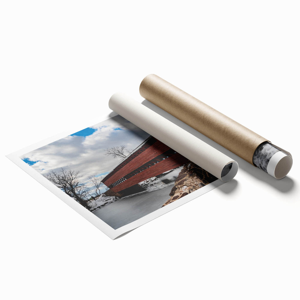 Extra large wall art of Pennsylvania scenery on rolled canvas, featuring muted floral patterns.