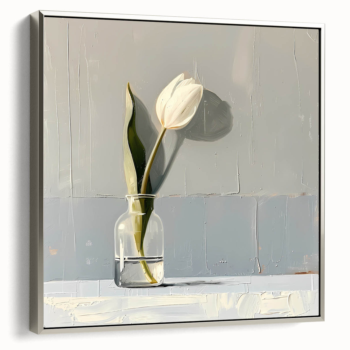 Framed wall art showcasing an abstract floral design in vibrant colors, set against a sleek silver frame, ideal for modern home decor and artistic ambiance.