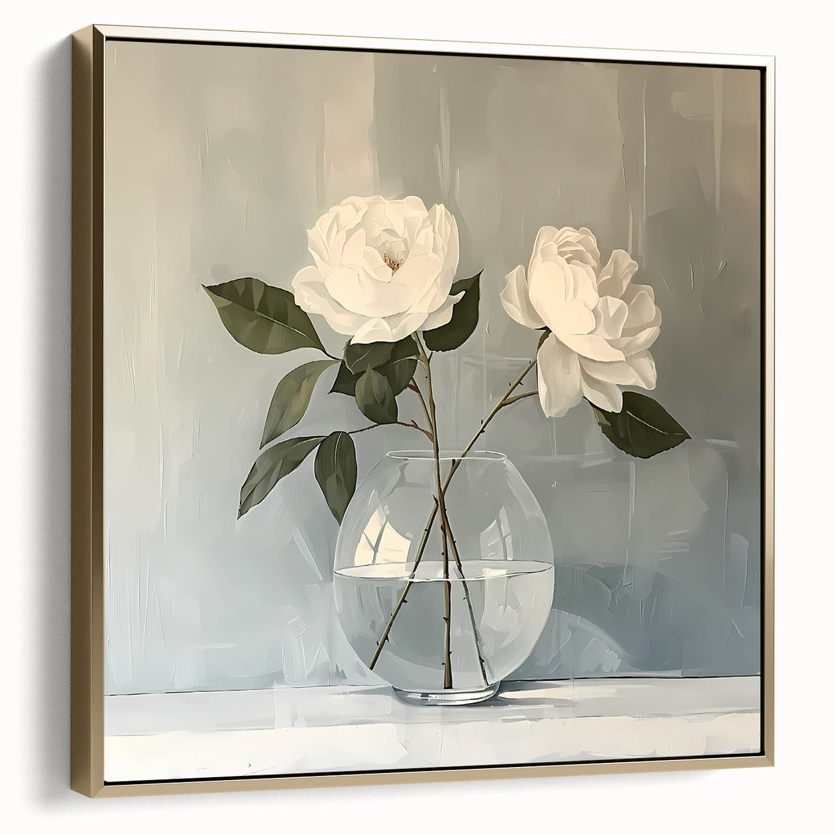 Framed abstract floral wall art featuring silver and gold hues, displayed elegantly against a neutral background, perfect for modern home decor.