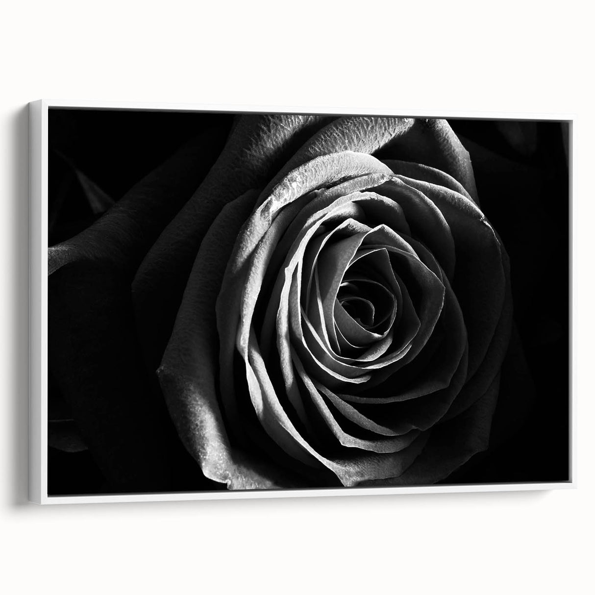 Abstract floral wall art displayed in a sleek white frame, showcasing vibrant colors and intricate patterns, perfect for modern home decor. The side view highlights the depth and texture of the canvas, enhancing visual appeal.