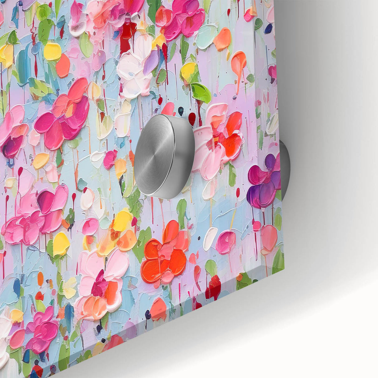 Close-up of vibrant abstract floral wall art design on acrylic glass, showcasing intricate details and rich colors, ideal for modern home decor enhancement.