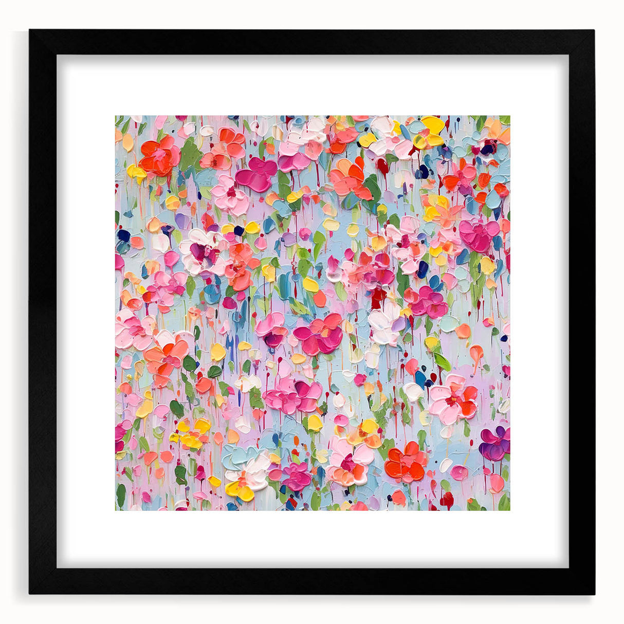 Abstract floral wall art framed with a black mat, showcasing vibrant colors and intricate designs, perfect for modern home decor. Ideal for adding a touch of elegance to any room.