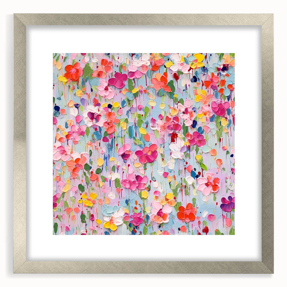 Abstract floral wall art featuring vibrant colors and intricate designs, framed with a silver mat, enhancing modern decor aesthetics in living spaces.
