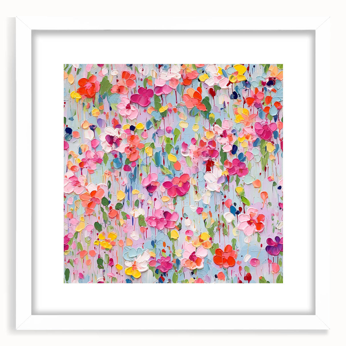 Abstract floral wall art framed with a white mat, showcasing vibrant colors and intricate designs, perfect for enhancing modern home decor.