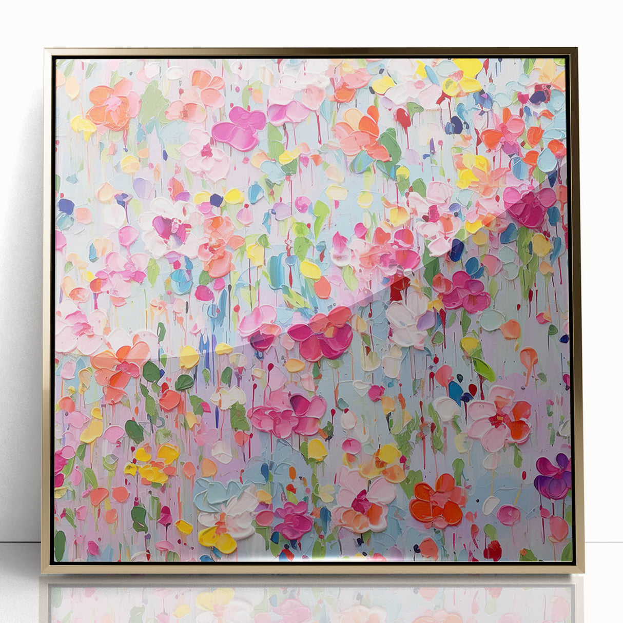 Framed abstract floral wall art featuring vibrant colors and intricate designs, set in a sleek gold frame, perfect for modern home decor accents.