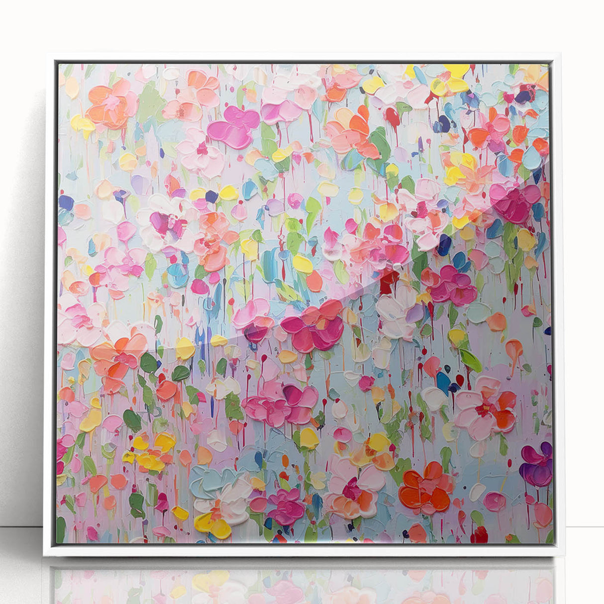 Framed wall art featuring an abstract floral design in vibrant colors, set against a sleek white background, perfect for modern home decor and interior styling.