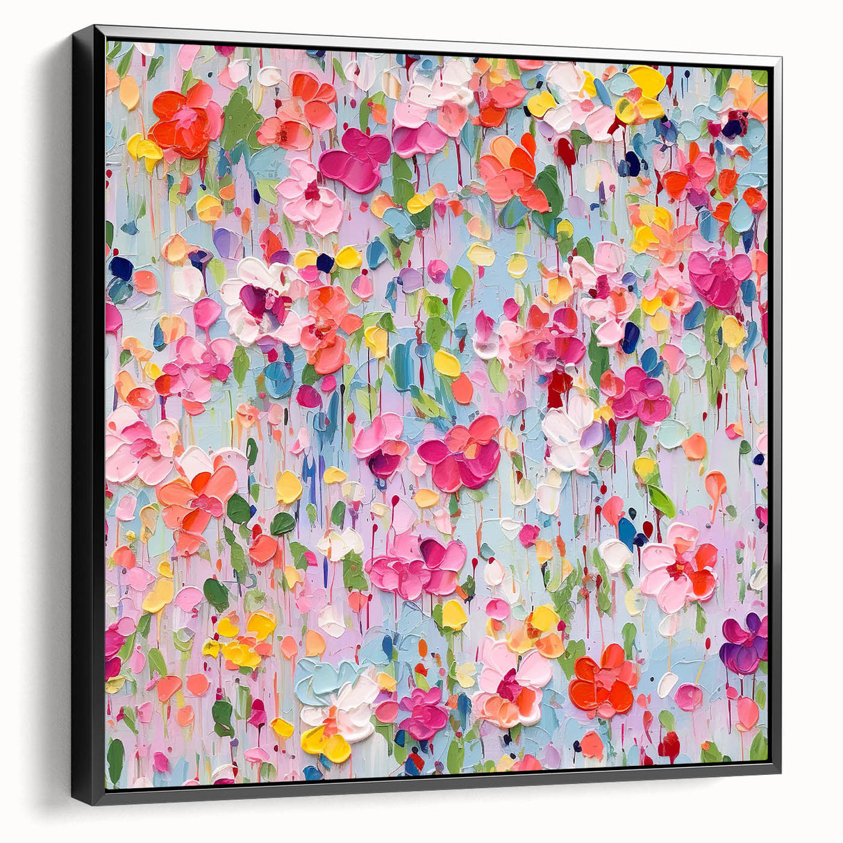 Framed canvas wall art showcasing an abstract floral design in vibrant colors, featuring a sleek black frame, perfect for modern home decor.