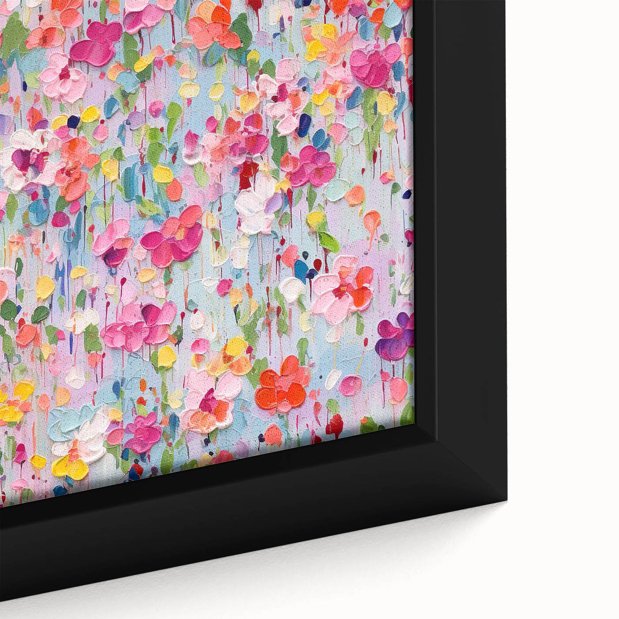 Close-up of an abstract floral wall art framed canvas, showcasing vibrant colors and intricate details, perfect for modern home decor and artistic interiors.