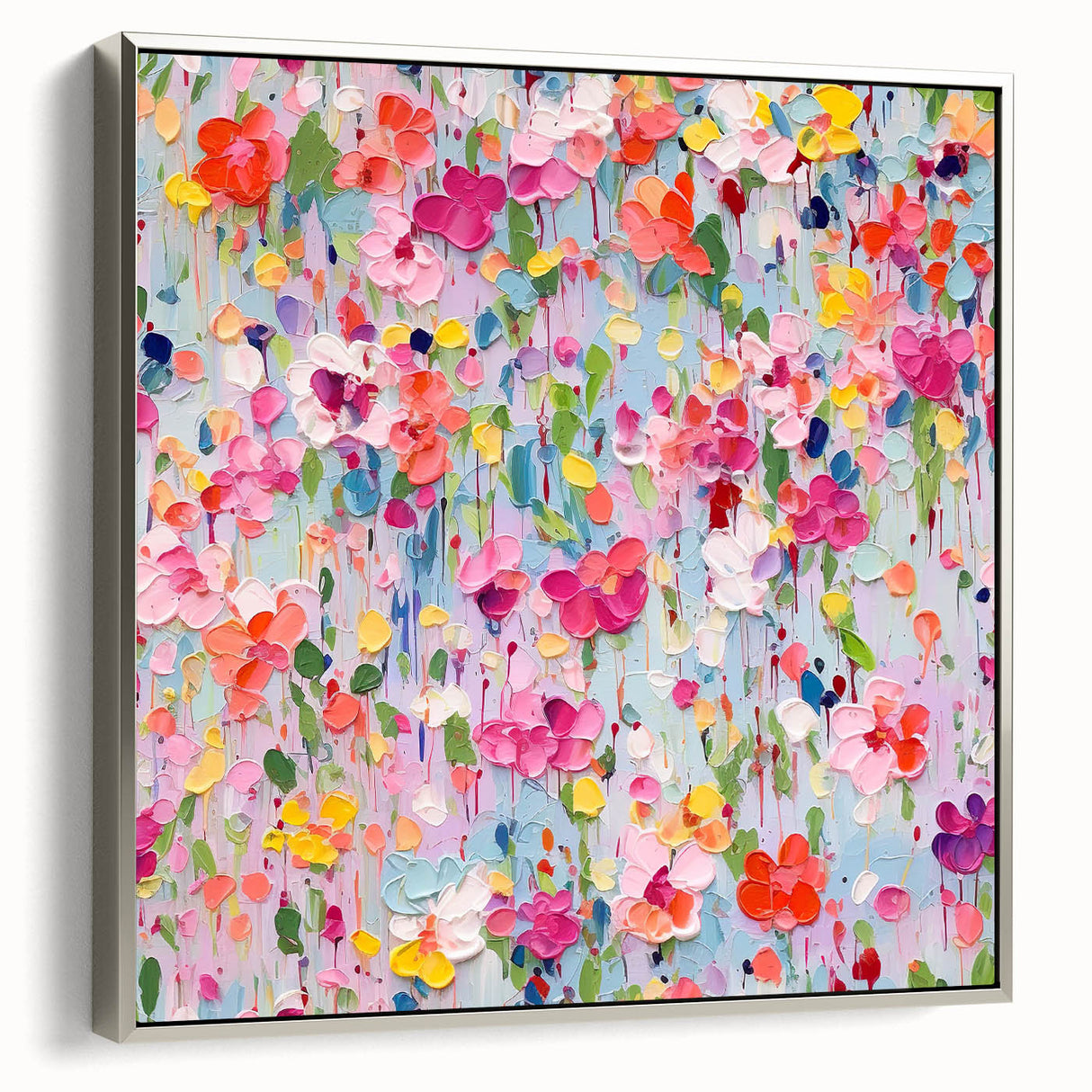 Framed canvas wall art showcasing an abstract floral design in soft pastel tones, with a sleek silver frame, perfect for modern home decor.
