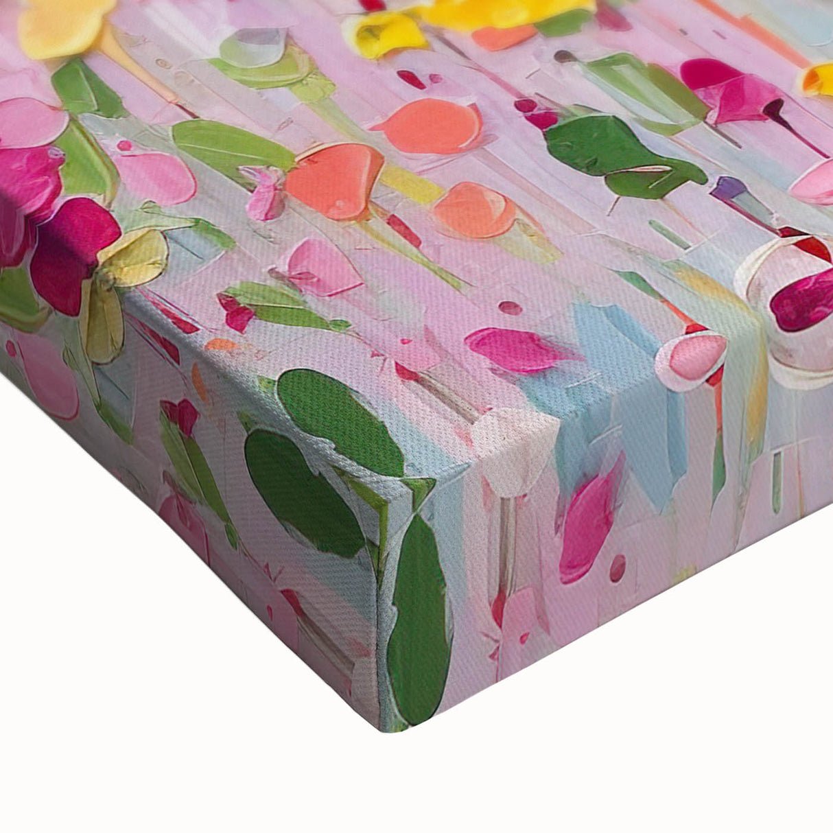 Close-up of vibrant abstract floral wall art on stretched canvas, showcasing intricate details and rich colors, perfect for modern home decor enhancement.