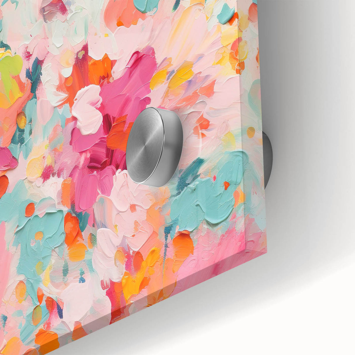 Close-up of vibrant abstract floral wall art printed on acrylic glass, showcasing intricate details and rich colors ideal for modern decor. Perfect for enhancing any living space.