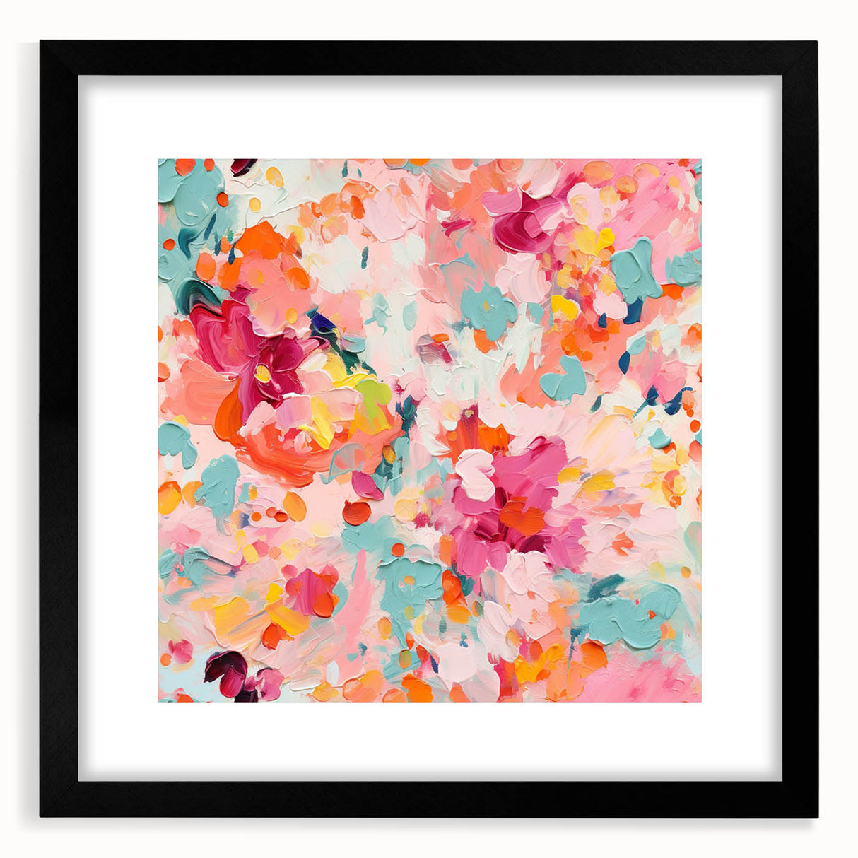 Abstract floral wall art framed with a black mat, showcasing vibrant colors and intricate patterns, perfect for modern home decor. Ideal for adding elegance to any room.