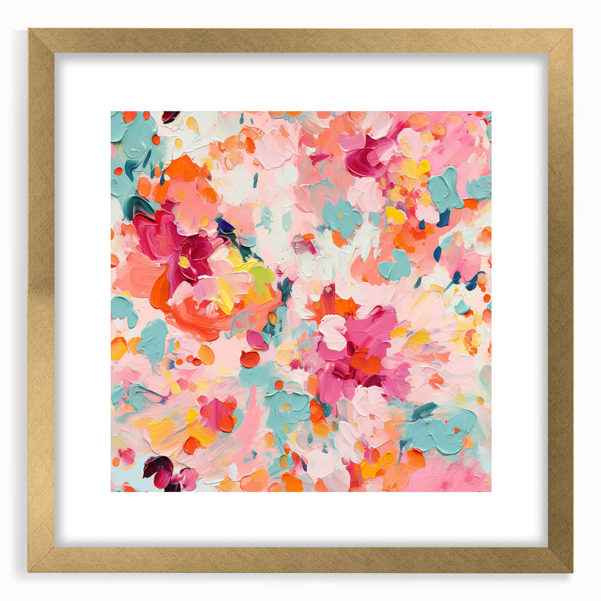 Abstract floral wall art framed with a gold border, showcasing vibrant colors and intricate designs, perfect for modern home decor. The matting highlights the artwork's elegance, making it an ideal centerpiece for any room.