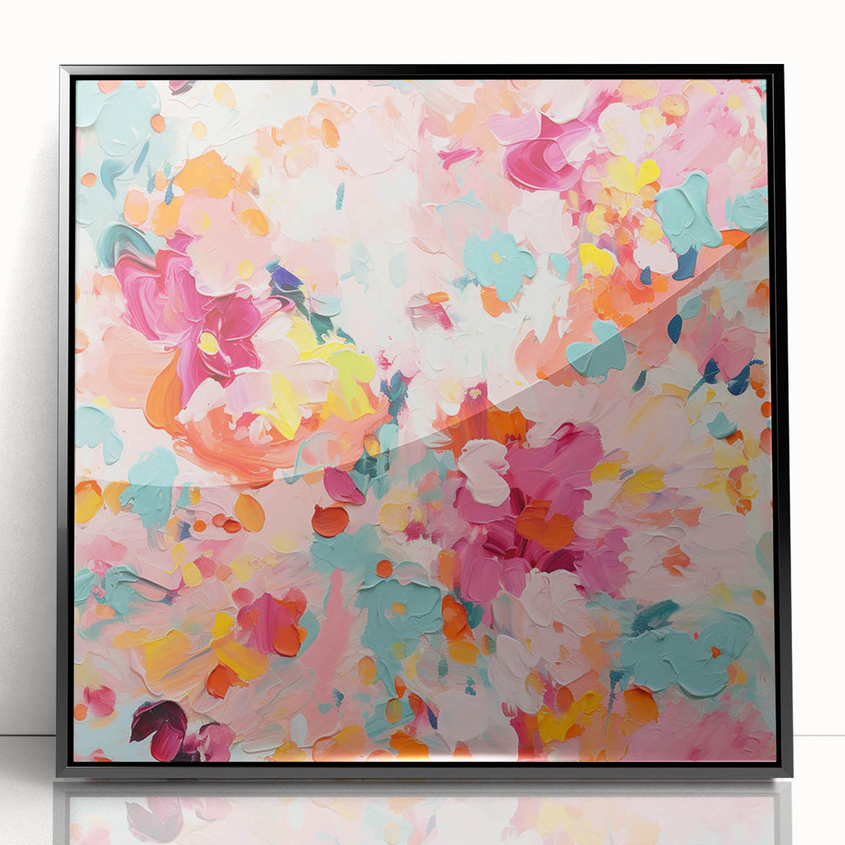 Abstract floral wall art framed in black acrylic, showcasing vibrant colors and intricate designs. Ideal for modern home decor, enhancing any room's ambiance.