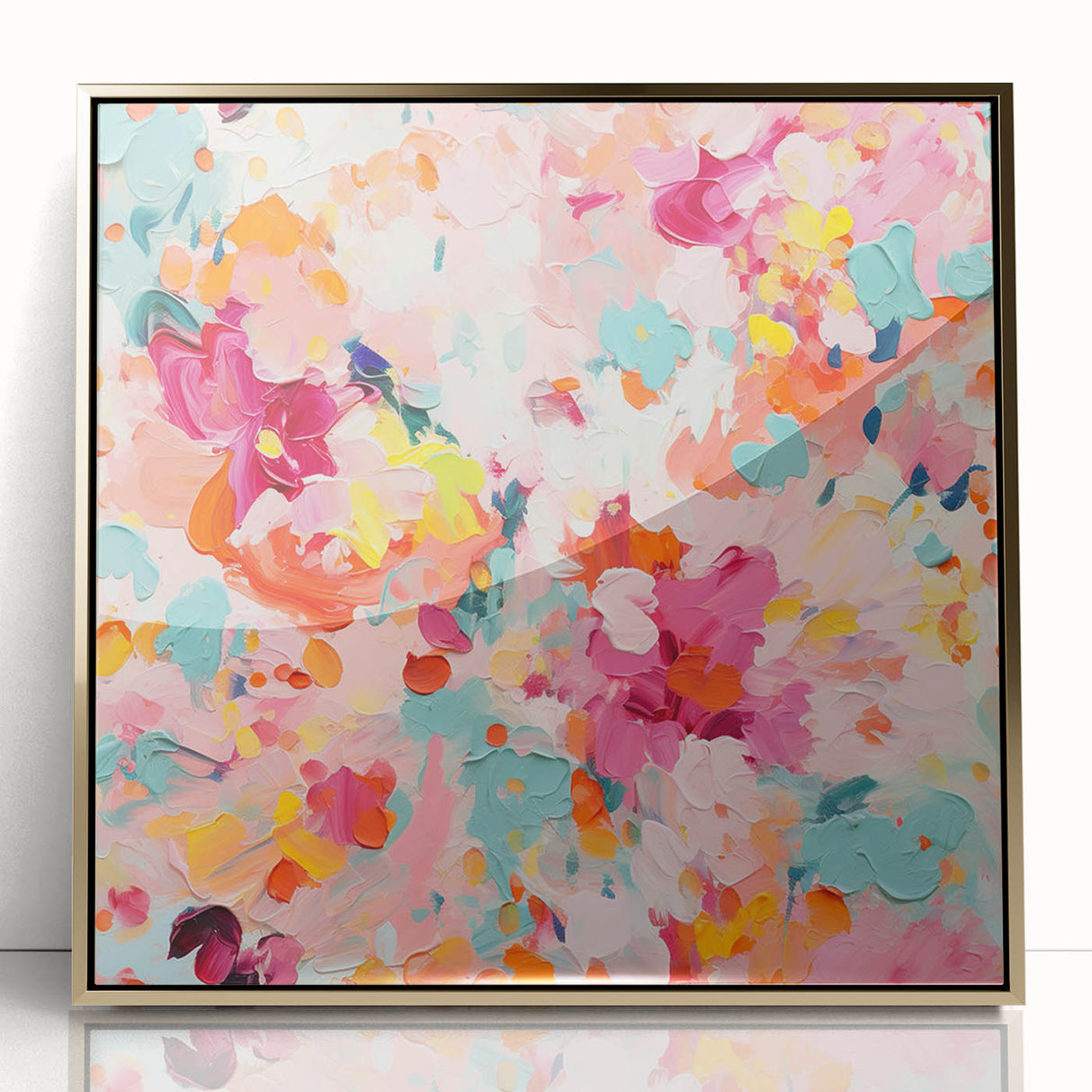 Framed abstract floral wall art featuring vibrant gold accents and intricate designs, ideal for enhancing modern decor in living spaces or galleries.