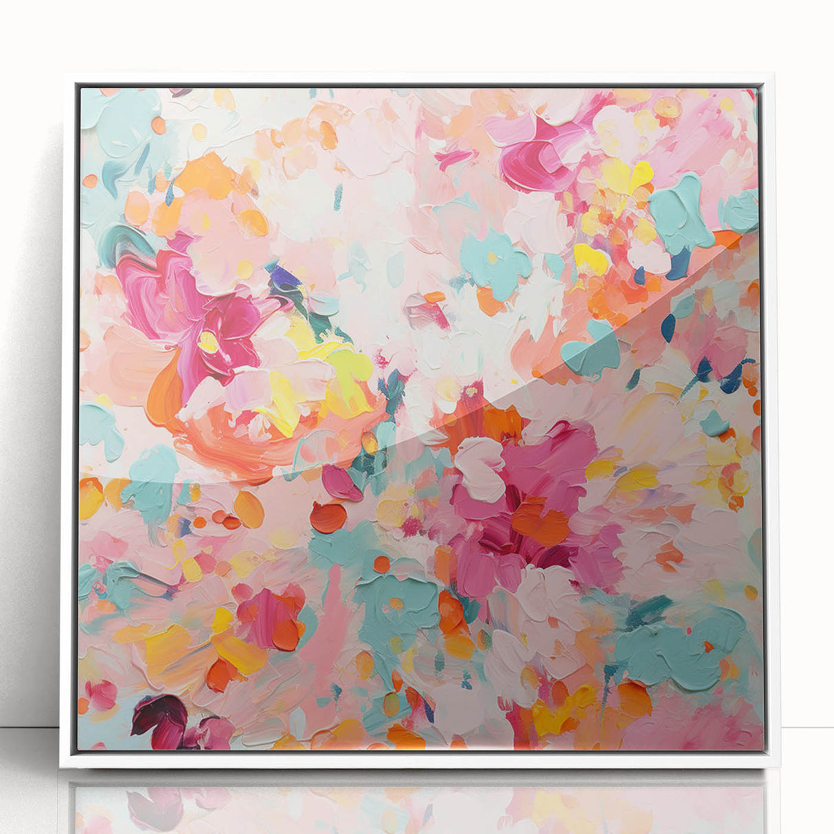 Framed abstract floral wall art design in white acrylic showcases vibrant colors and intricate patterns, enhancing modern interior aesthetics with elegance.