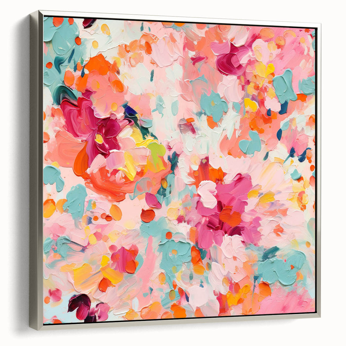 Framed canvas wall art featuring abstract floral design in vibrant colors with a sleek silver frame, perfect for modern home decor and artistic ambiance.