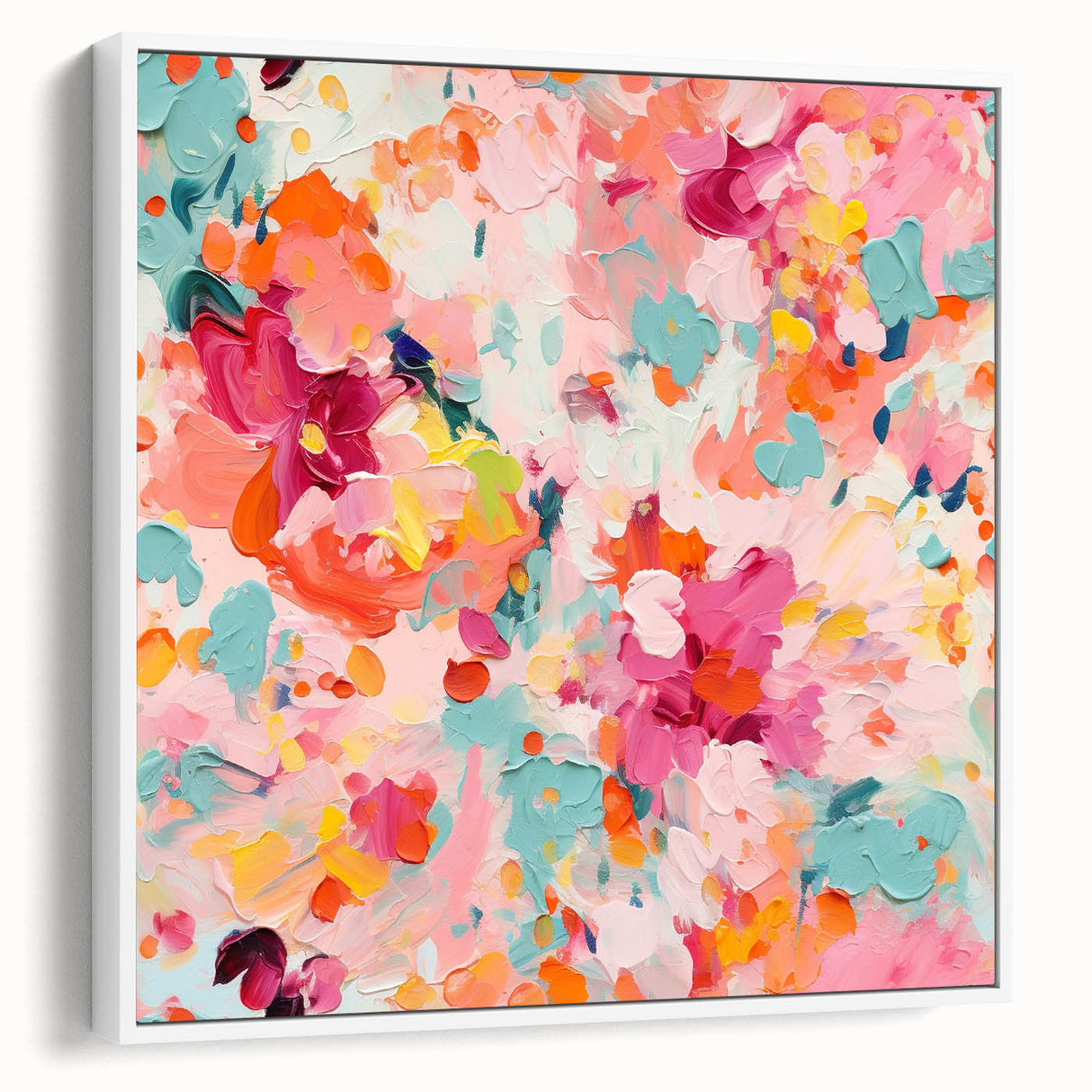 Framed abstract floral wall art featuring vibrant colors and intricate designs, displayed from the side, perfect for adding a modern touch to home decor.