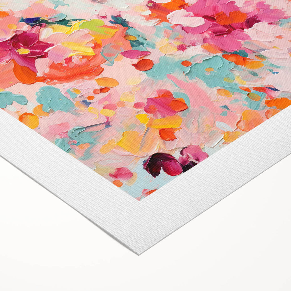 Abstract floral wall art on rolled canvas showcasing vibrant pink and blue flowers with intricate detailing, perfect for enhancing modern home decor.