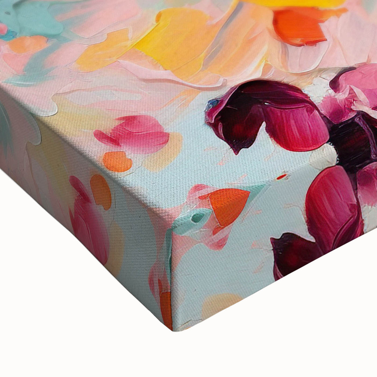 Close-up of a vibrant abstract floral wall art design on stretched canvas, featuring bold colors like pink, blue, and green, perfect for modern home decor.
