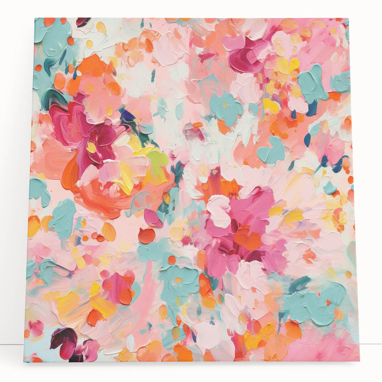 Abstract floral wall art on stretched canvas, showcasing vibrant colors and intricate designs, elegantly leaning against a neutral wall, perfect for modern decor.