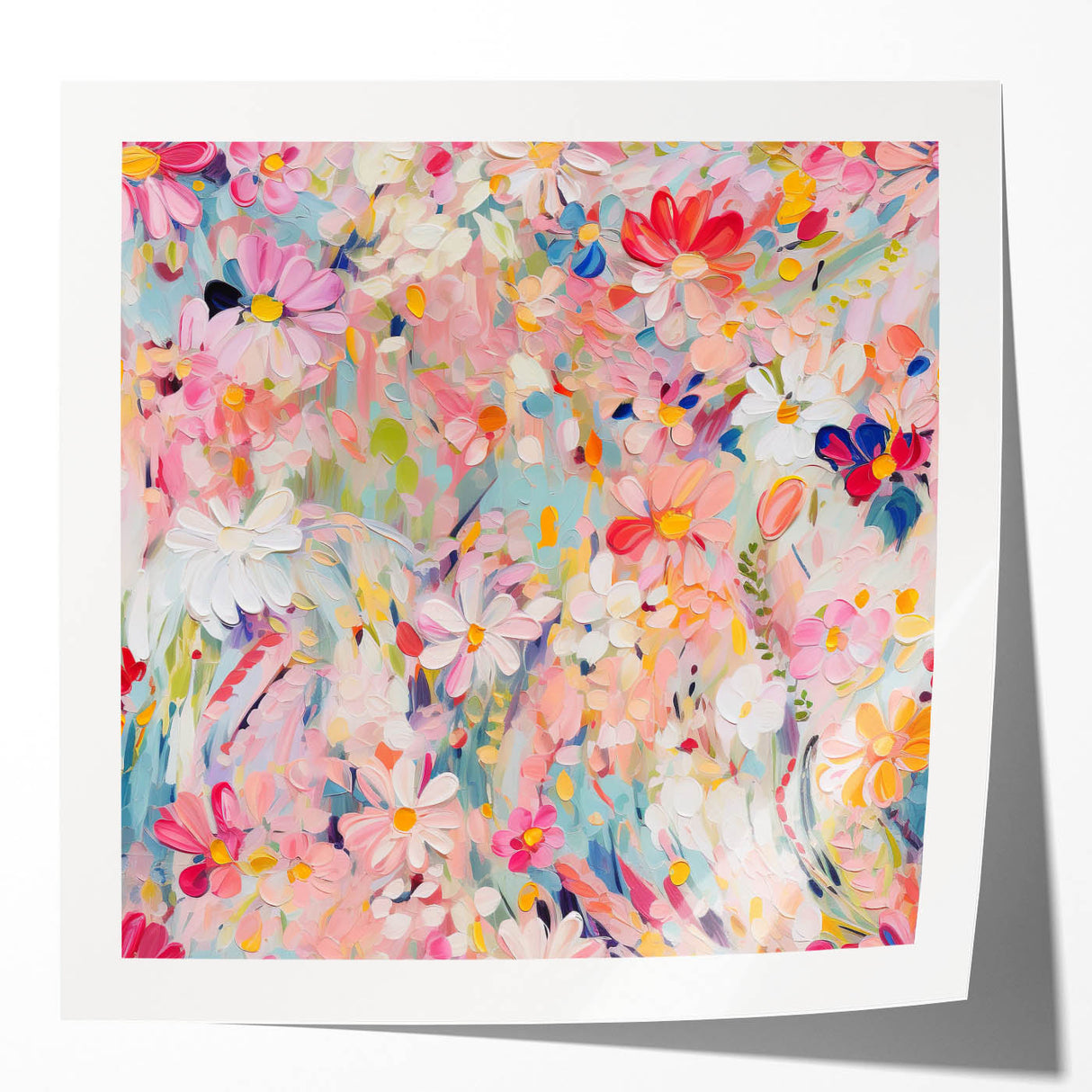 Abstract floral wall art print showcasing vibrant colors, intricate patterns, and a glossy finish, ideal for modern home decor or office spaces.