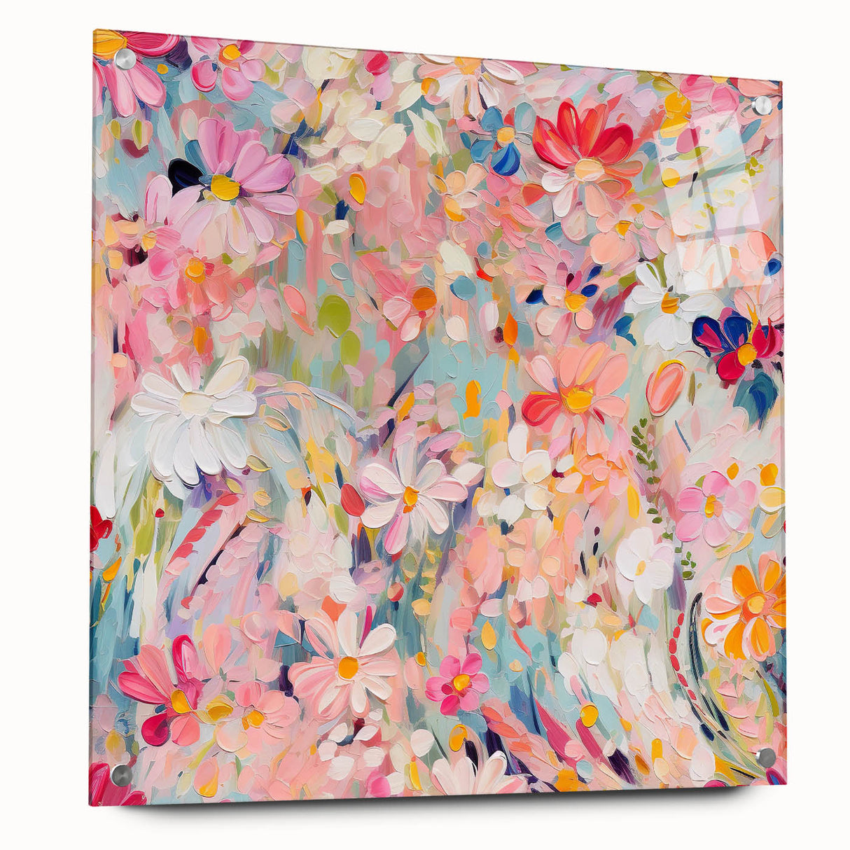Abstract floral wall art displayed in acrylic glass, showcasing vibrant colors and intricate designs, with metal pins for a modern touch, ideal for home decor.