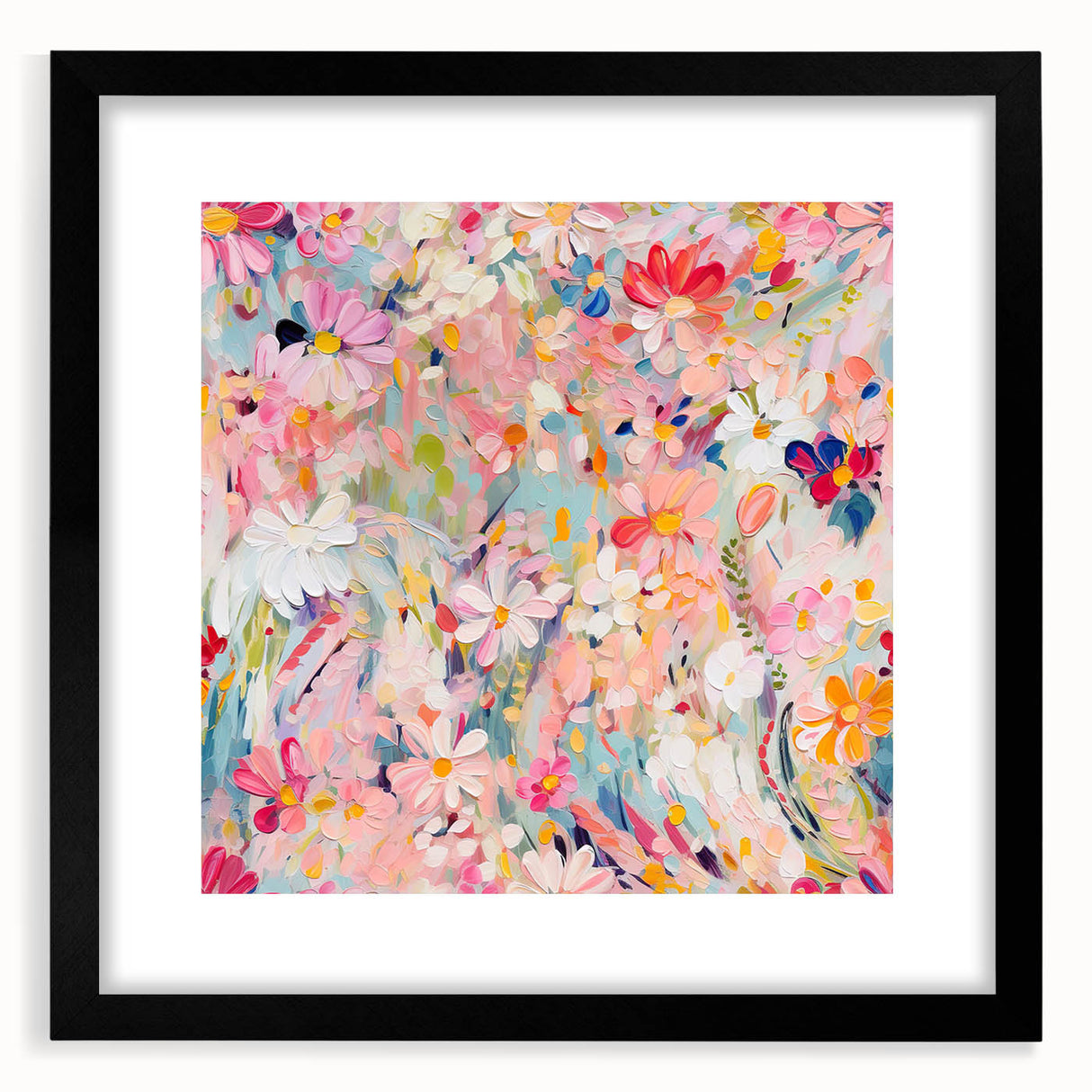 Abstract floral wall art framed in black, featuring vibrant colors and intricate patterns, designed to enhance modern home decor. Perfect for living rooms or offices.
