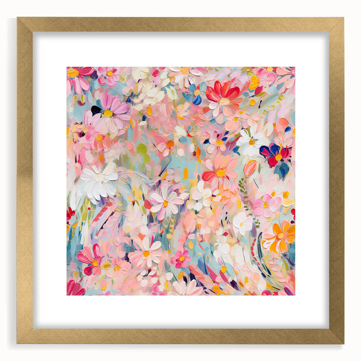 Abstract floral wall art framed in gold with a mat, showcasing vibrant colors and intricate designs, perfect for enhancing modern home decor and aesthetics.