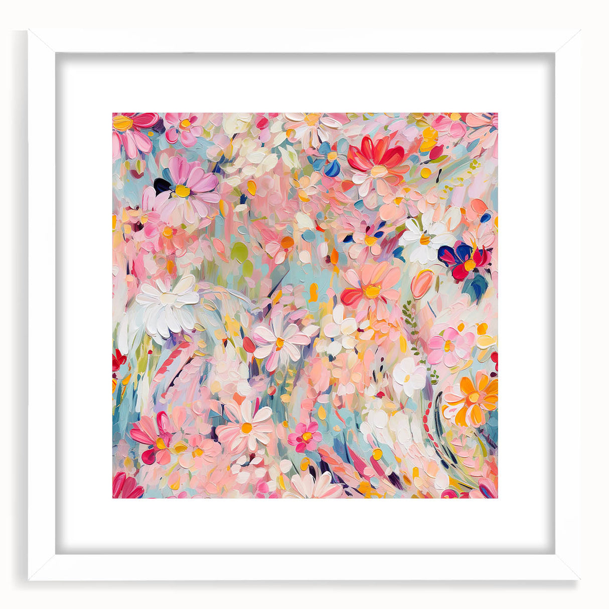 Abstract floral wall art design featuring vibrant colors in a white frame with a mat, perfect for enhancing modern home decor and providing a fresh aesthetic.
