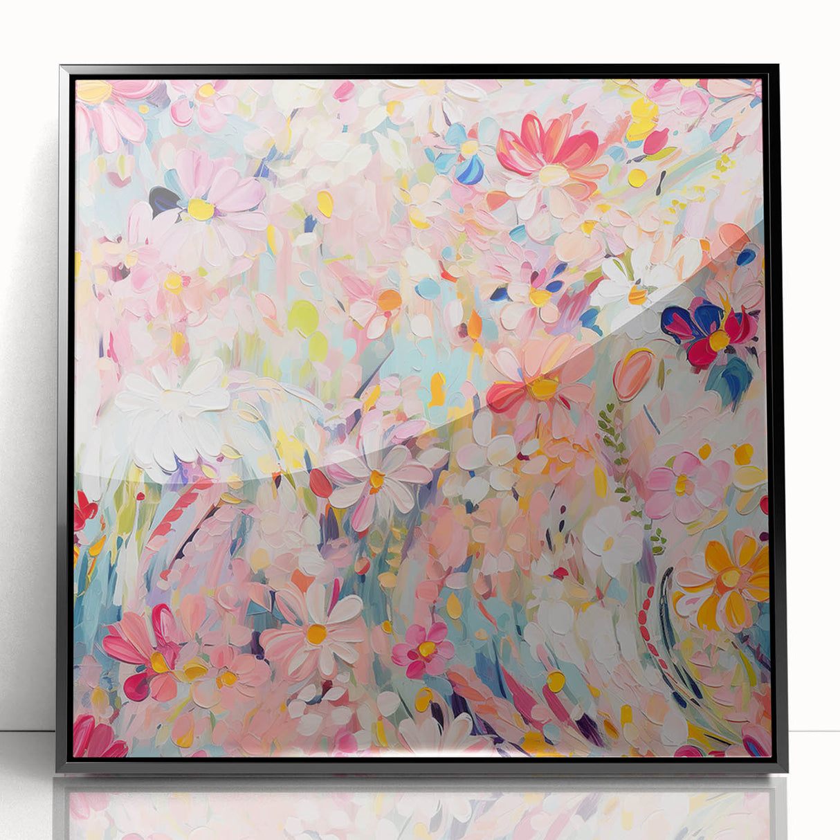 Framed wall art showcasing an abstract floral design with vibrant colors, presented in a sleek black frame, ideal for modern home decor and interior styling.