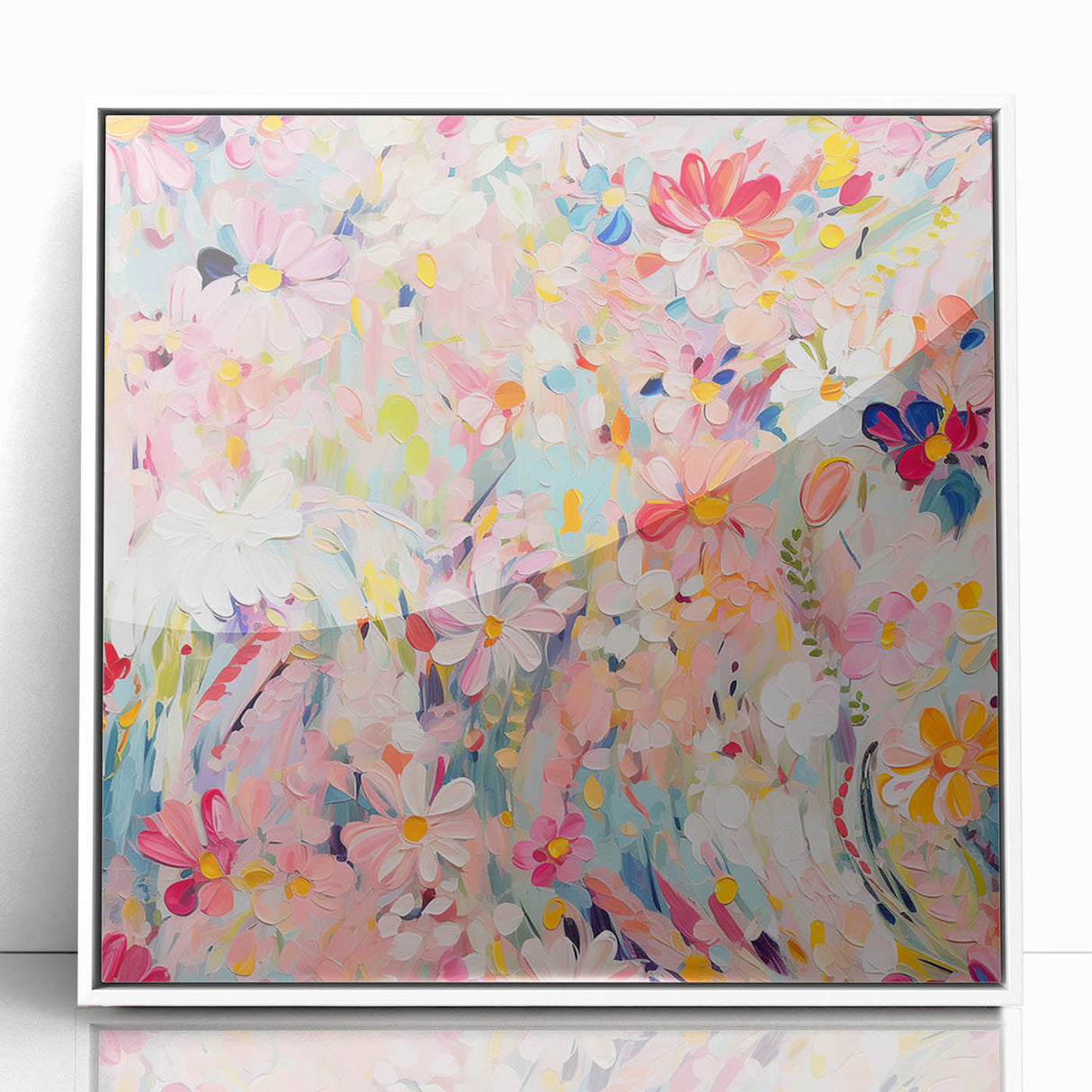 Framed abstract floral wall art featuring vibrant colors and intricate designs, set against a white background, perfect for modern home decor and interior design.