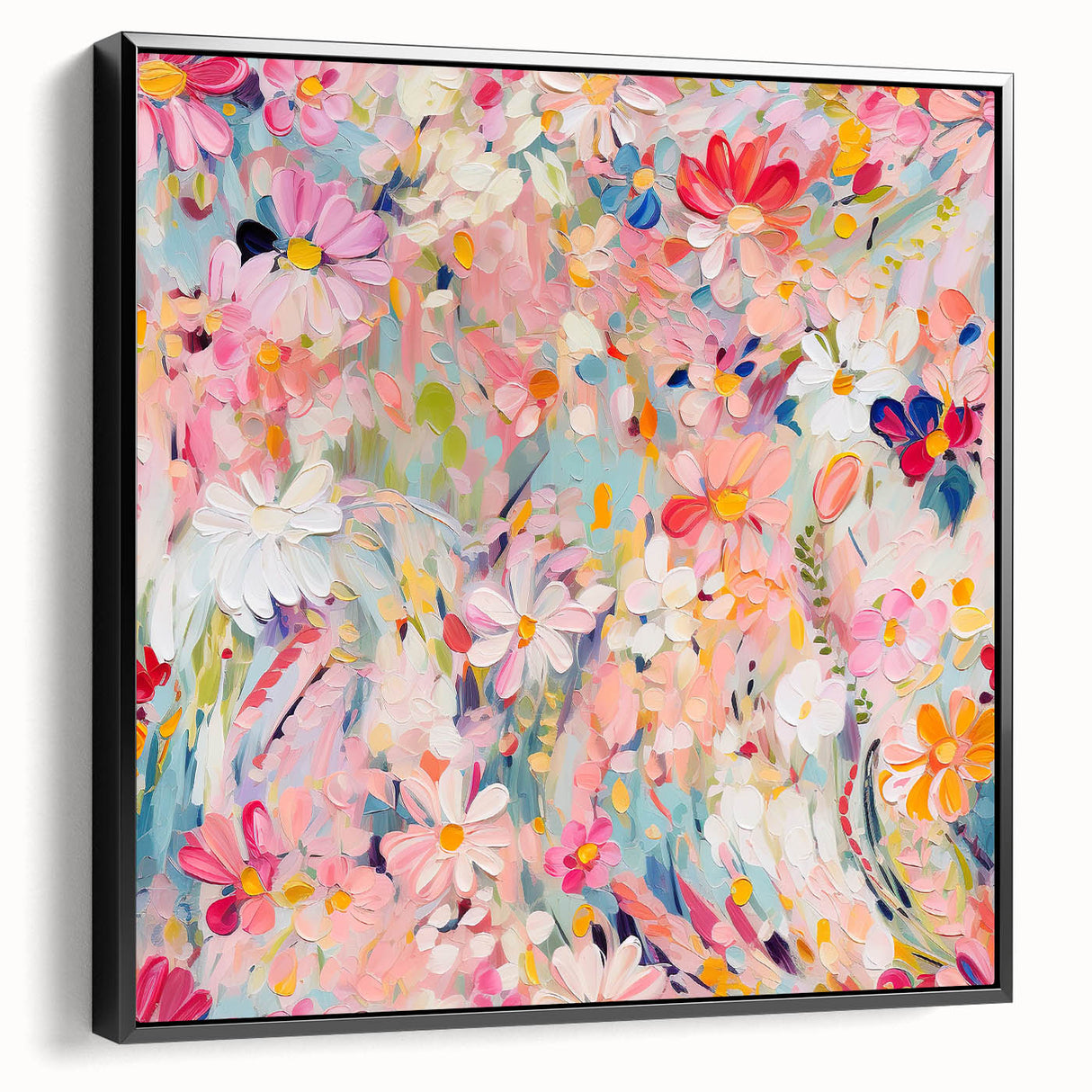 Framed canvas wall art featuring an abstract floral design with vibrant colors and a sleek black frame, showcasing a modern aesthetic perfect for home decor.
