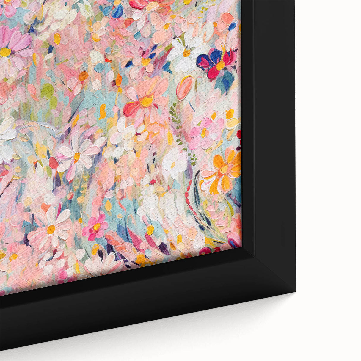 Close-up of a framed canvas wall art featuring vibrant abstract floral designs in shades of pink, blue, and green, perfect for modern home decor.