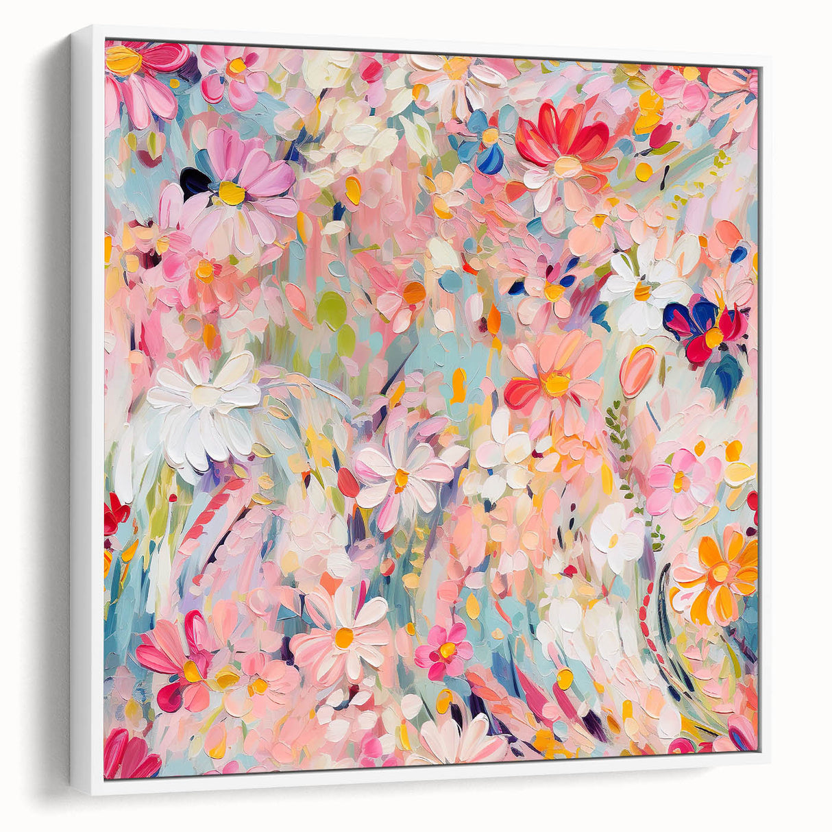 Framed canvas wall art showcasing abstract floral designs in vibrant colors, featuring a sleek white frame from a side view, ideal for modern decor.