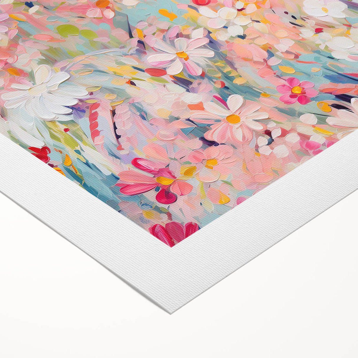 Abstract floral wall art on rolled canvas, showcasing vibrant colors like blue and pink with intricate designs, perfect for modern home decor.