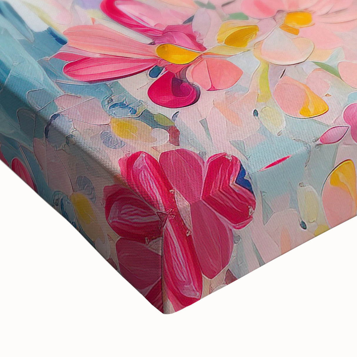 Close-up of vibrant abstract floral wall art on stretched canvas, showcasing intricate details in bold colors and textures, perfect for modern home decor.