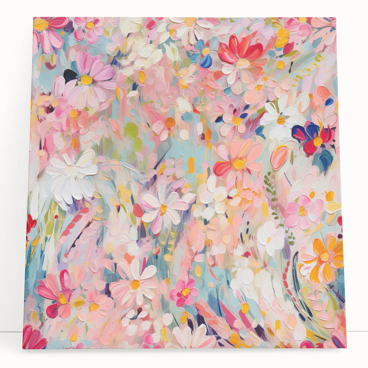 Abstract floral wall art on stretched canvas, showcasing vibrant colors and intricate designs, elegantly leaning against a neutral wall, perfect for home decor.