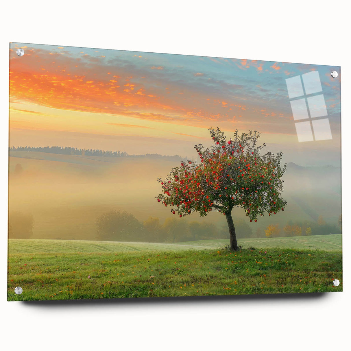 Abstract landscape wall art in acrylic glass, showcasing vibrant colors and intricate designs from a side view, complemented by decorative pins for mounting.