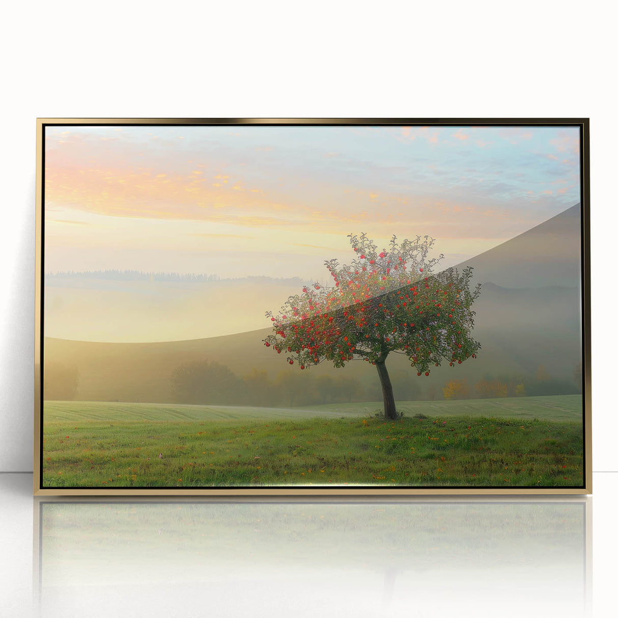 Framed acrylic wall art showcasing a vibrant abstract landscape with gold accents, perfect for modern home decor. Ideal for enhancing living spaces with artistic flair.