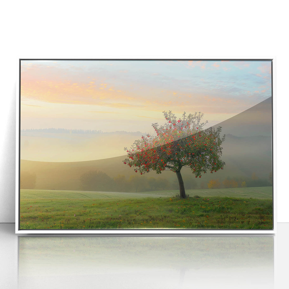 Framed acrylic wall art depicting an abstract landscape with soft blue, green, and white hues, designed to enhance modern decor with a serene aesthetic.