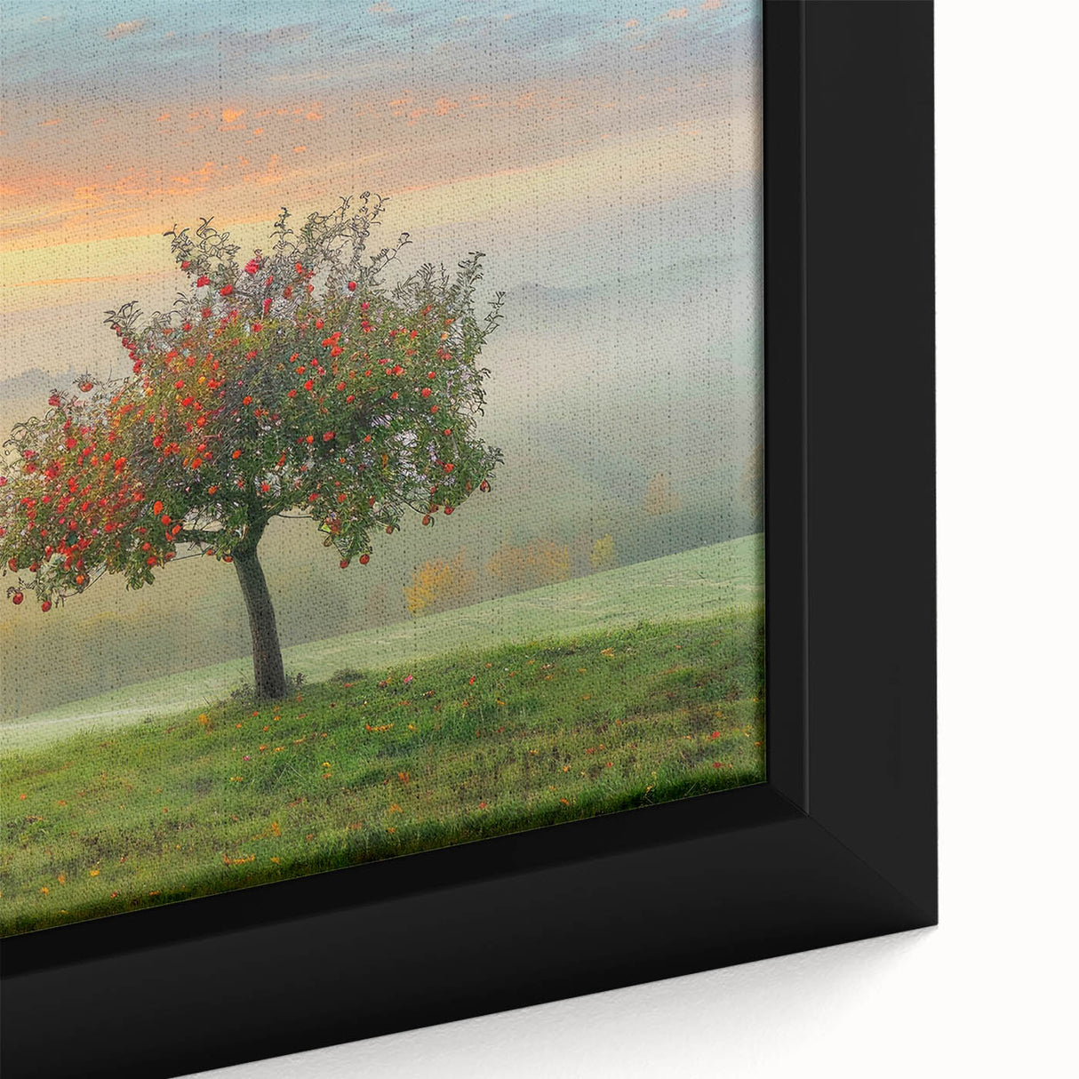 Close-up of a framed abstract landscape wall art piece showcasing vibrant colors and intricate textures, ideal for modern home decor or office settings.