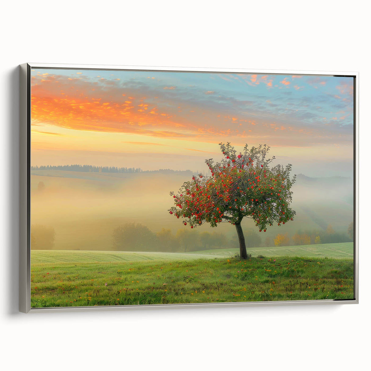 Framed abstract landscape wall art featuring a silver border, showcasing vibrant colors and textures that evoke a serene natural scene, perfect for modern decor.